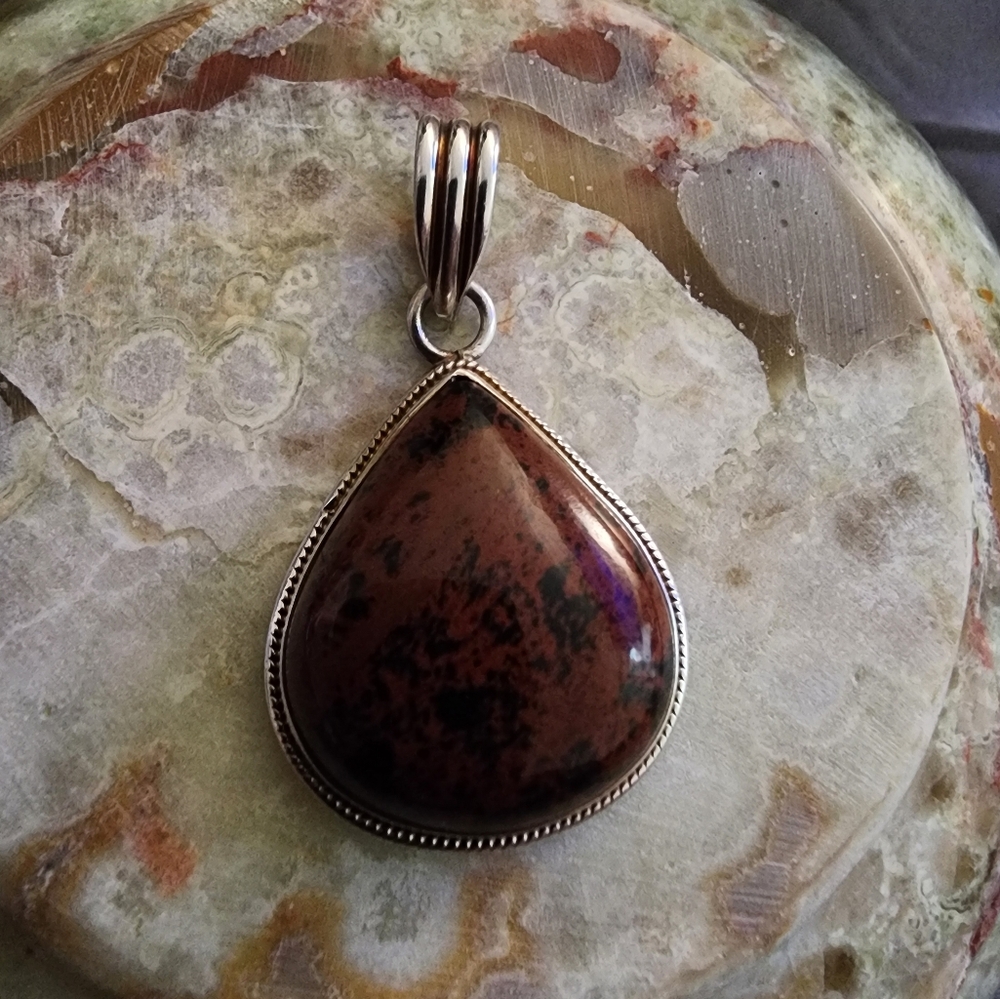 Outstanding Mahagony Obsidian 925 Silver  Pendant of 1.7" Ethnic